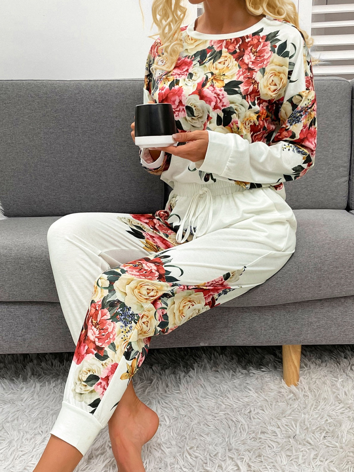 Printed Round Neck Top and Pants Lounge Set - AllIn Computer