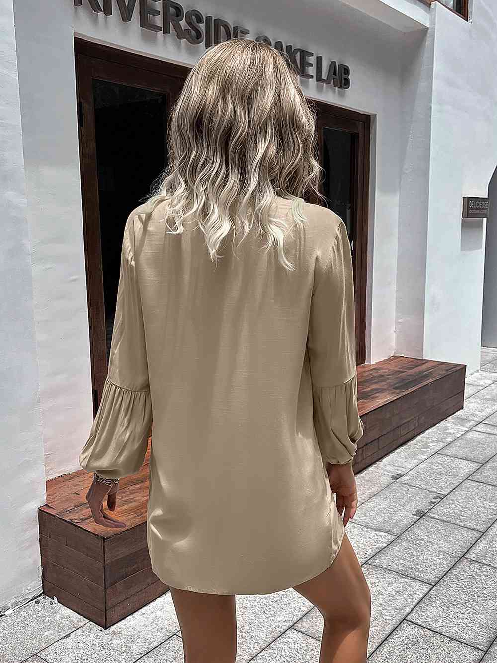 Double Take Notched Neck Balloon Sleeve Shirt - AllIn Computer