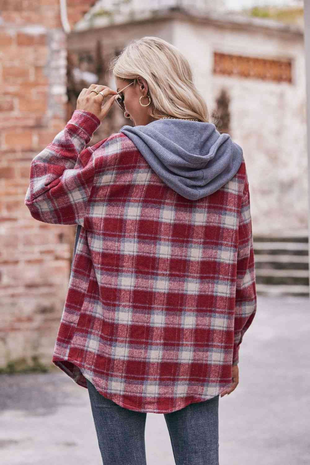 Plaid Dropped Shoulder Hooded Longline Jacket - AllIn Computer