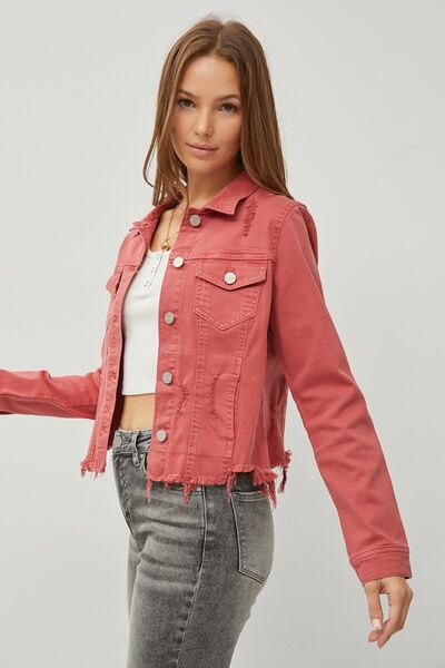 RISEN Raw Hem Button-Up Cropped Denim Jacket - AllIn Computer
