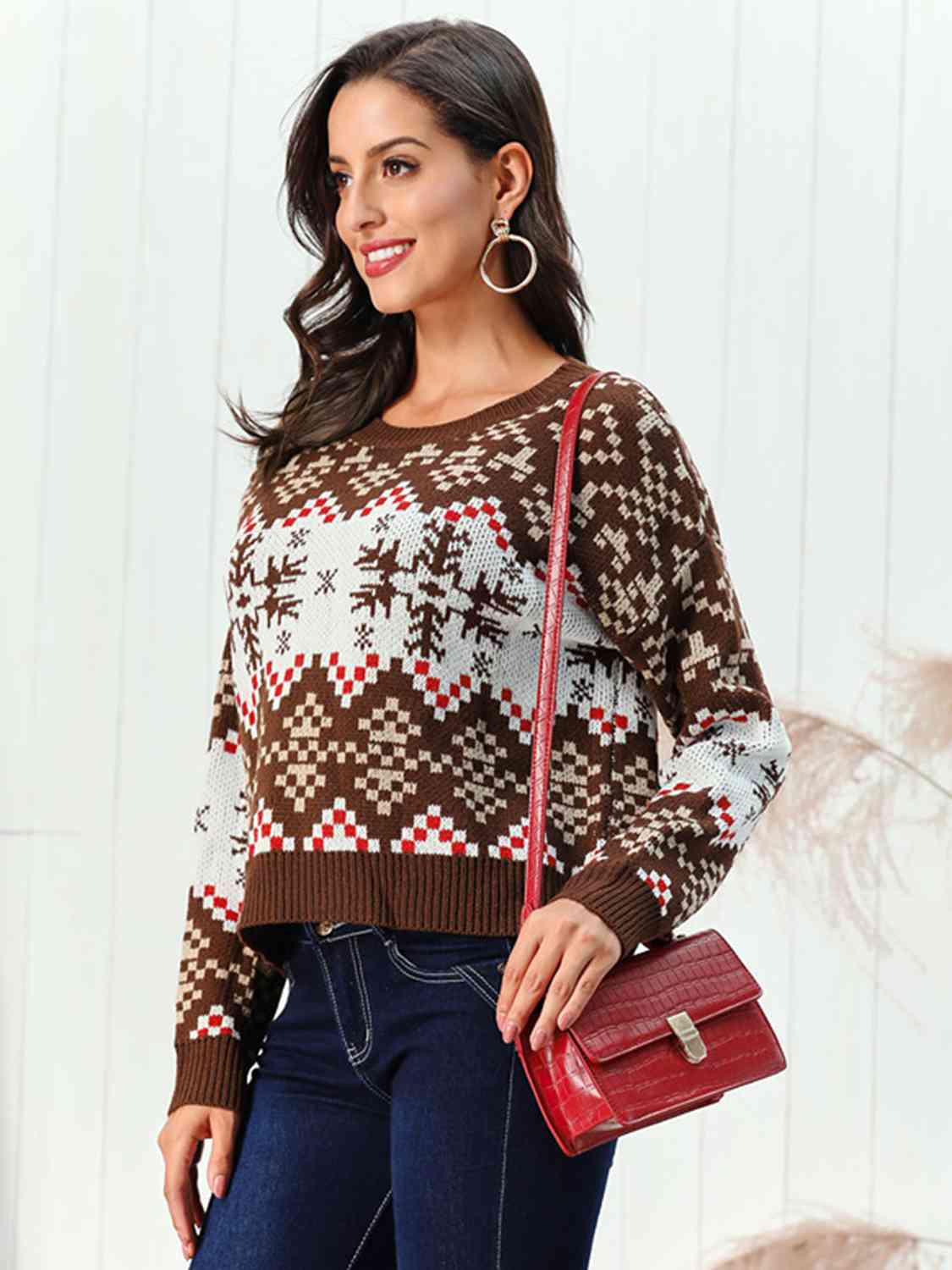 Snowflake Pattern Round Neck Sweater - AllIn Computer