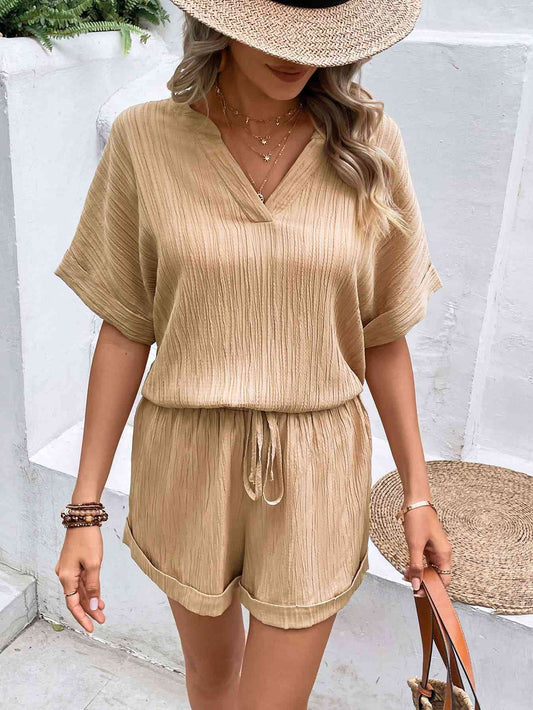 Textured Notched Neck Top and Shorts Set - AllIn Computer