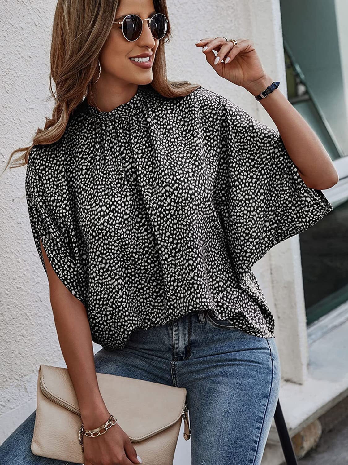 Tied Printed Mock Neck Half Sleeve Blouse - AllIn Computer