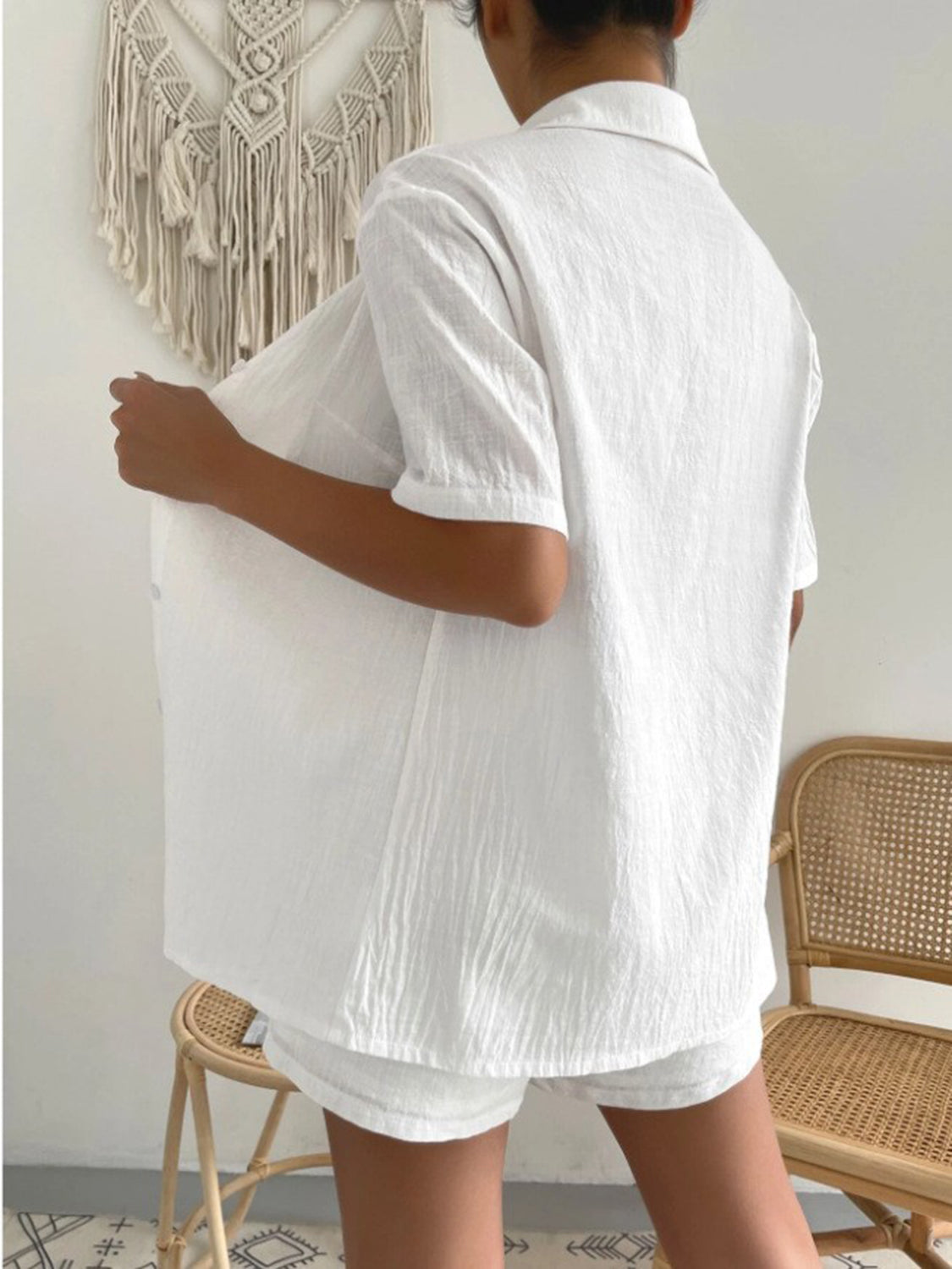 Button Up Short Sleeve Shirt and Drawstring Shorts Set - AllIn Computer