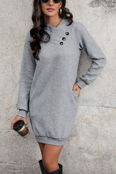 Textured Decorative Button Mini Dress - AllIn Computer