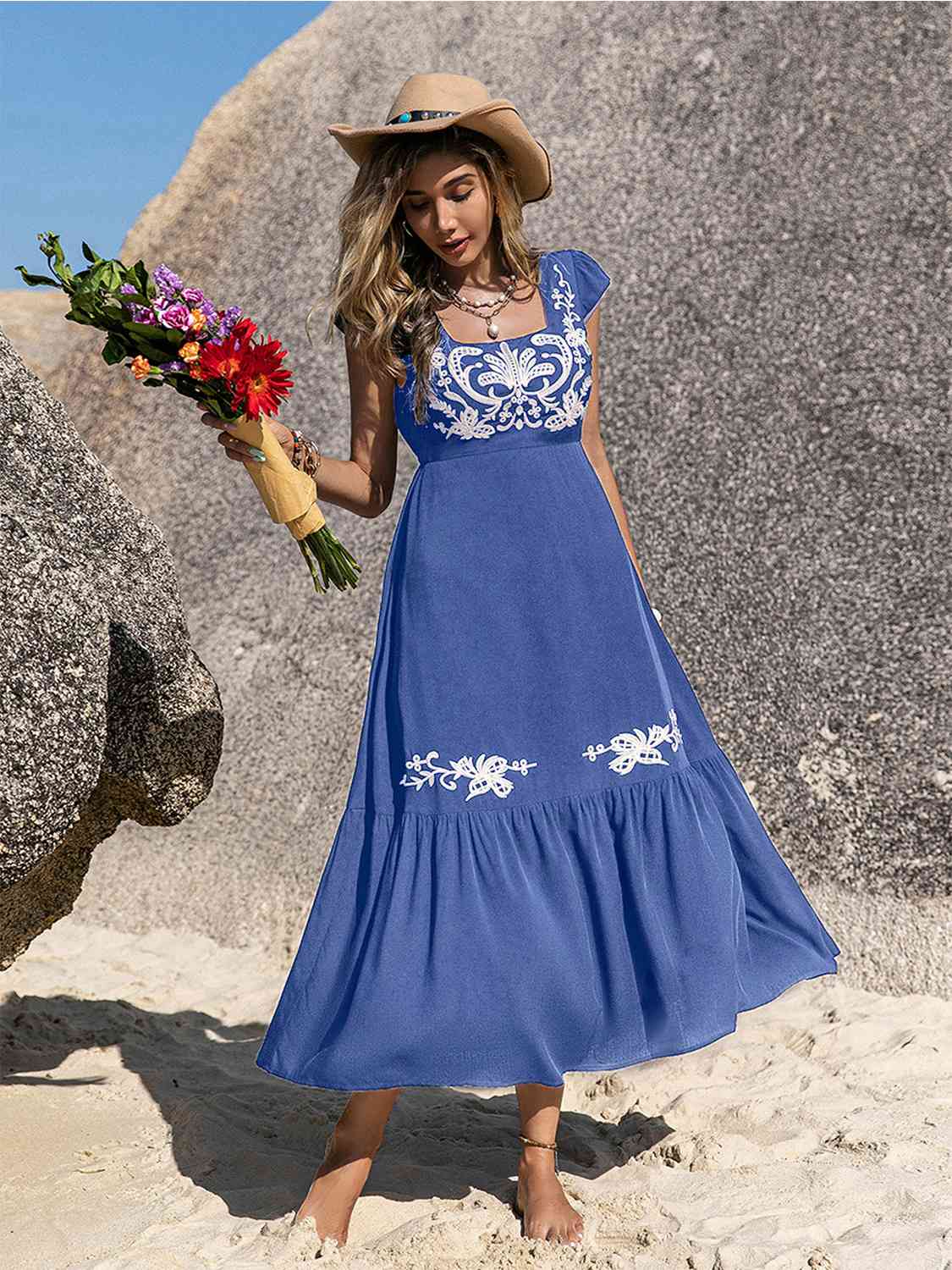 Embroidered Square Neck Ruffle Hem Dress - AllIn Computer