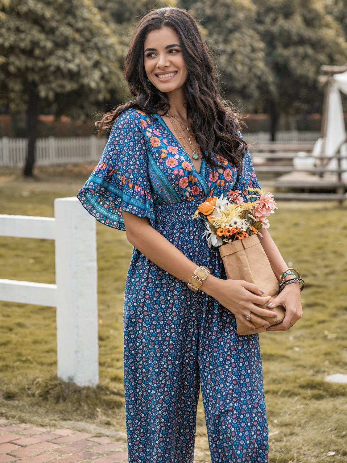 Floral Surplice Flutter Sleeve Jumpsuit - AllIn Computer