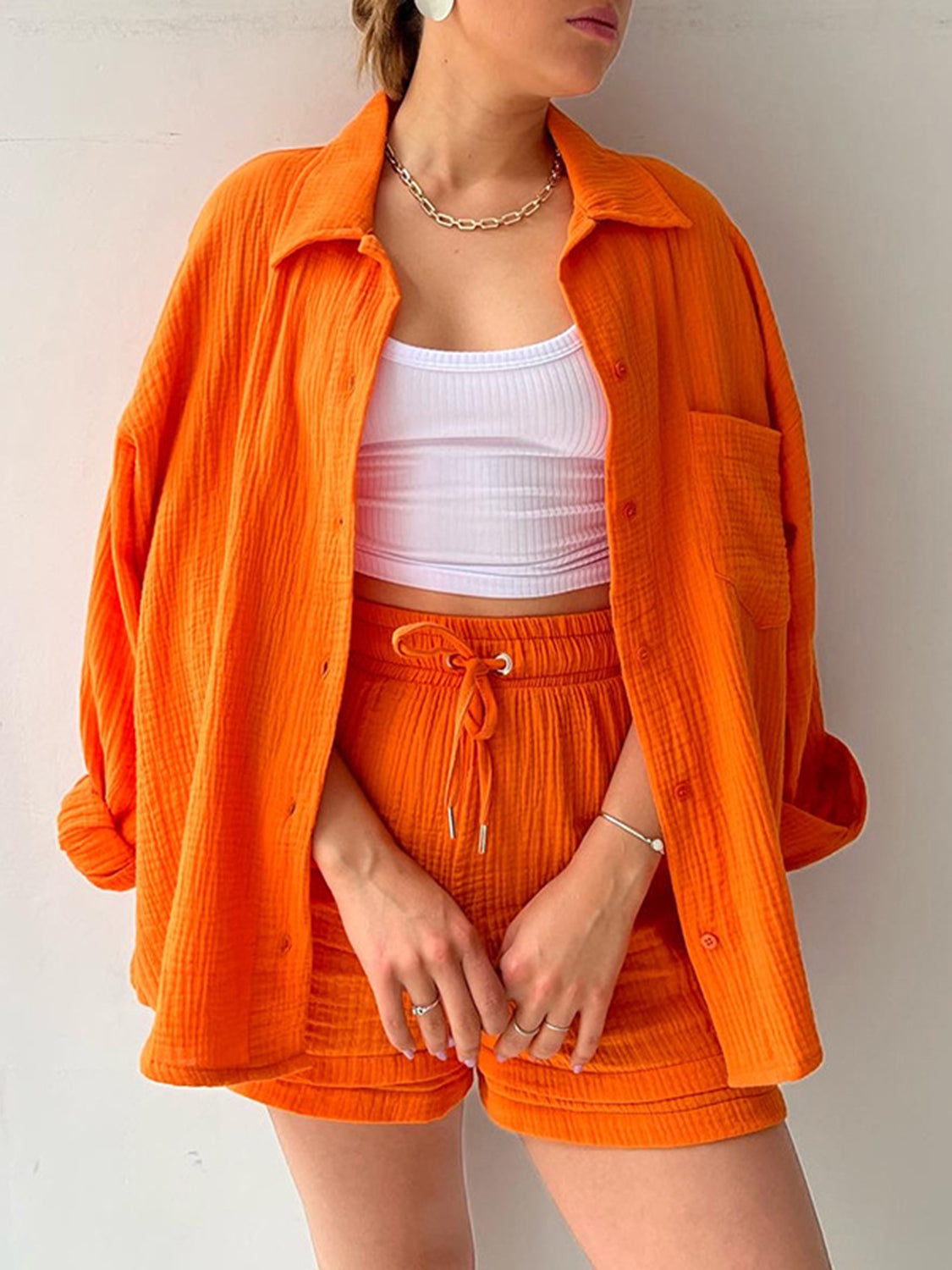 Texture Button Up Shirt and Drawstring Shorts Set - AllIn Computer