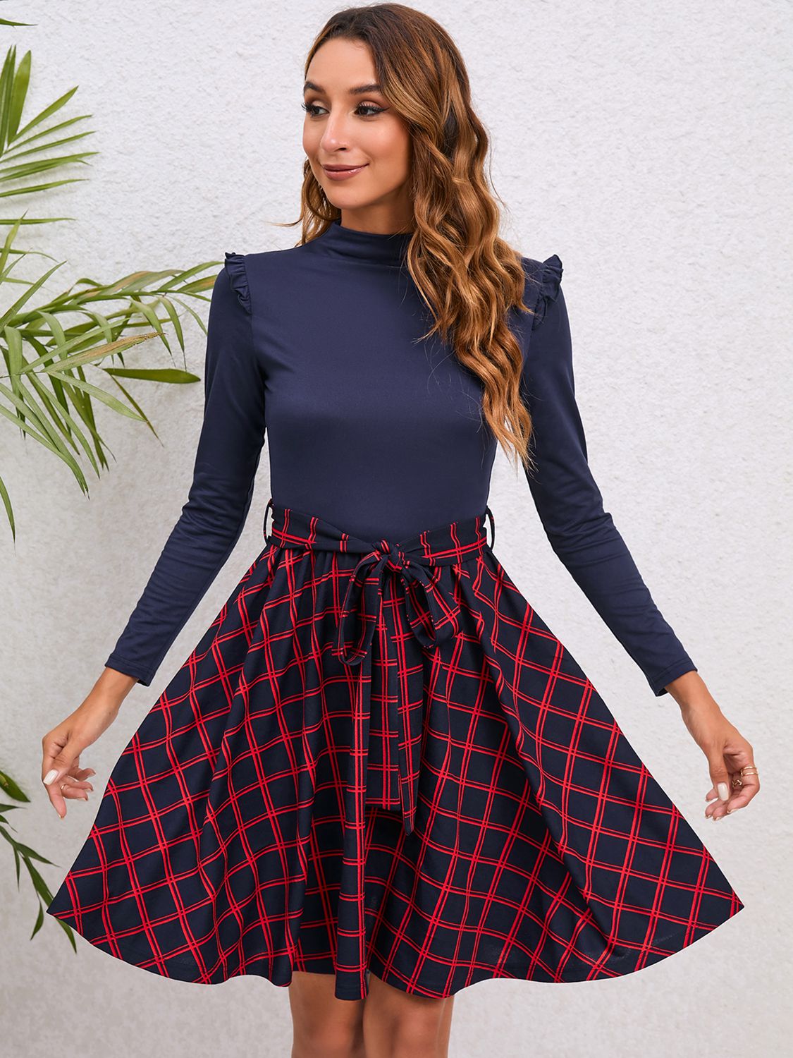Plaid Tie Waist Ruffle Shoulder Dress - AllIn Computer
