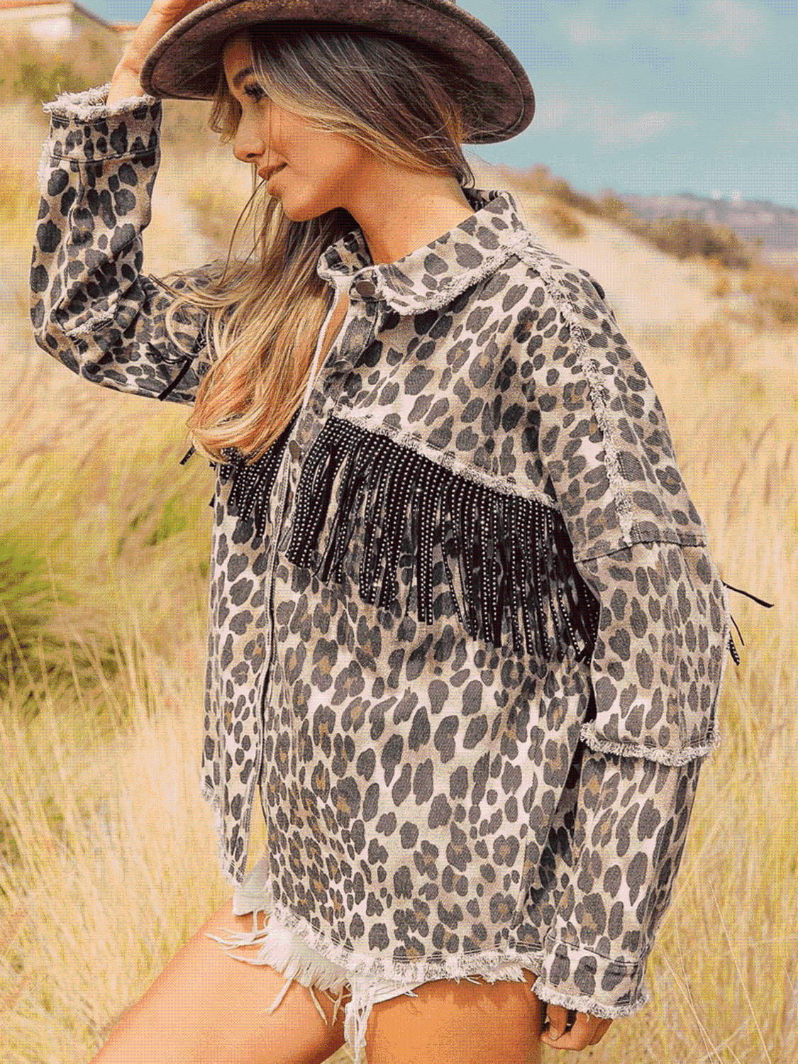 Leopard Fringe Detail Collared Neck Denim Jacket - AllIn Computer