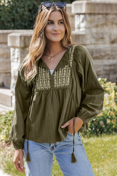Embroidered Tassel Tie Neck Balloon Sleeve Blouse - AllIn Computer