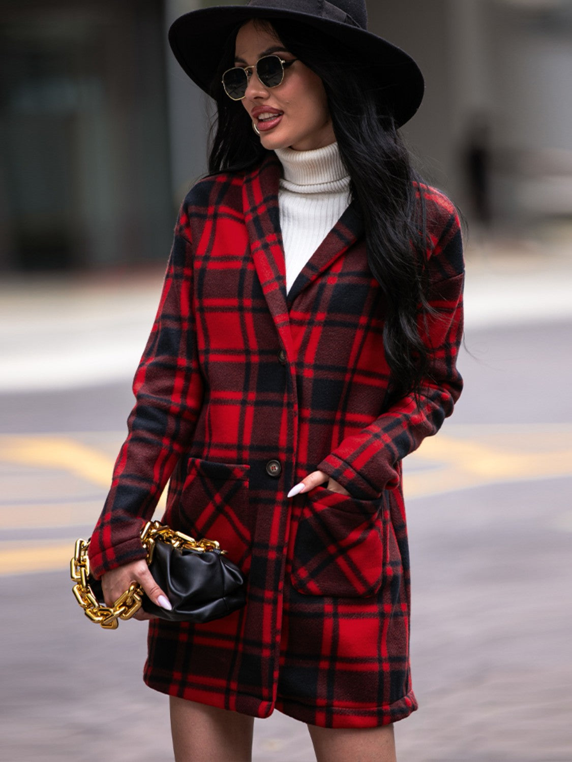 Plaid Shawl Collar Coat with Pockets - AllIn Computer