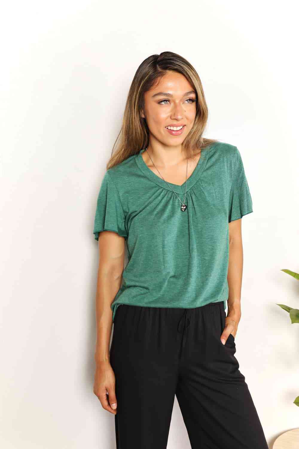 Double Take Ruched V-Neck Short Sleeve T-Shirt - AllIn Computer