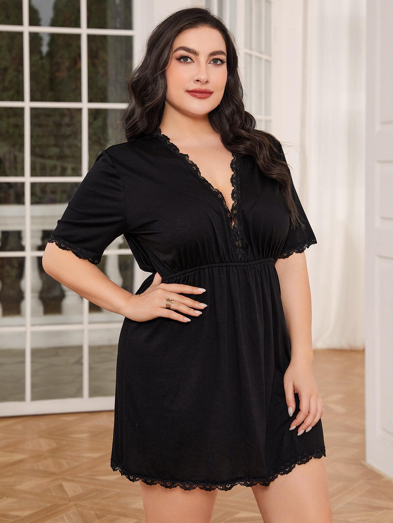 Plus Size Lace Trim Deep V Night Dress - AllIn Computer