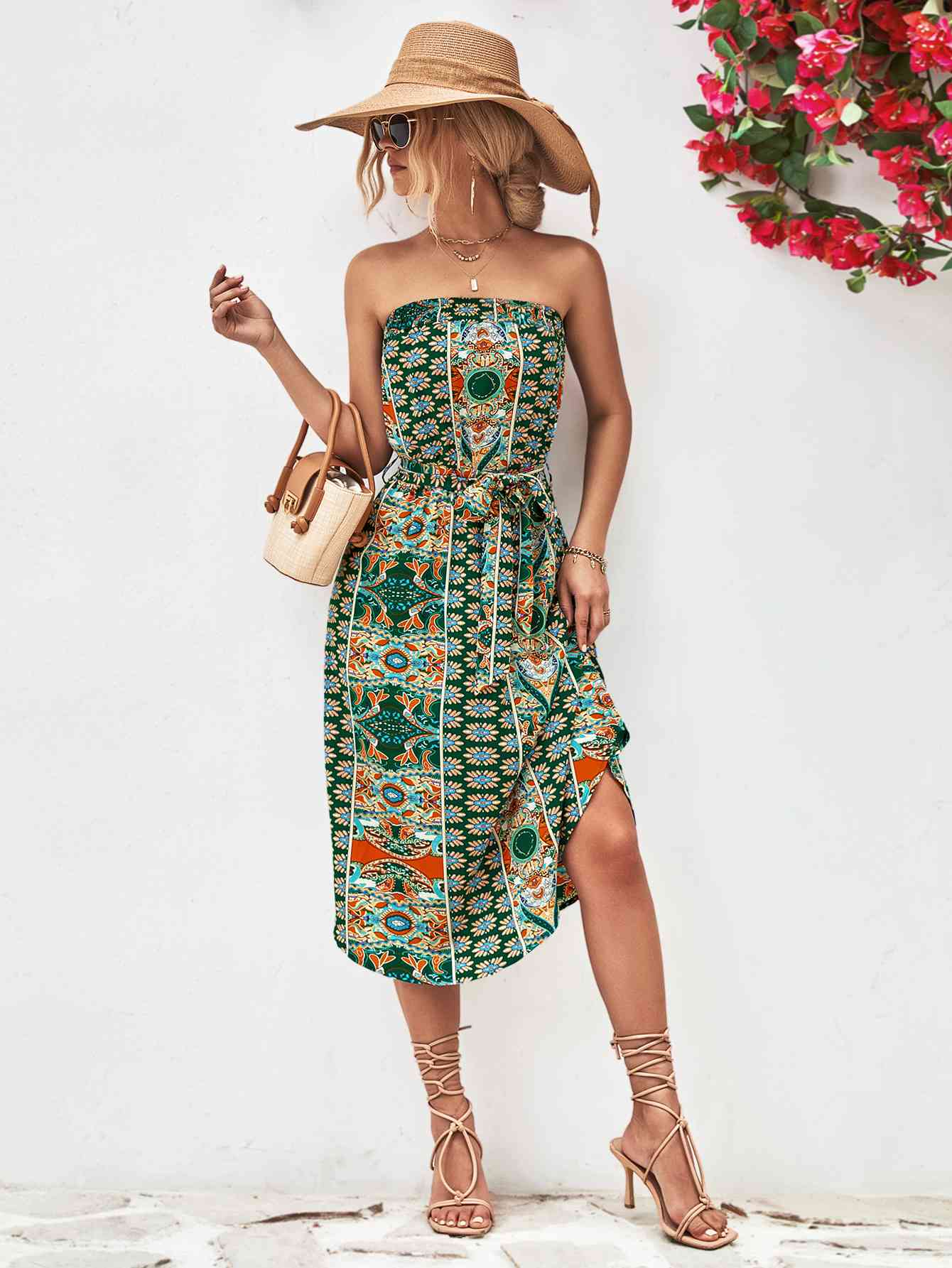 Printed Strapless Tie Belt Dress - AllIn Computer