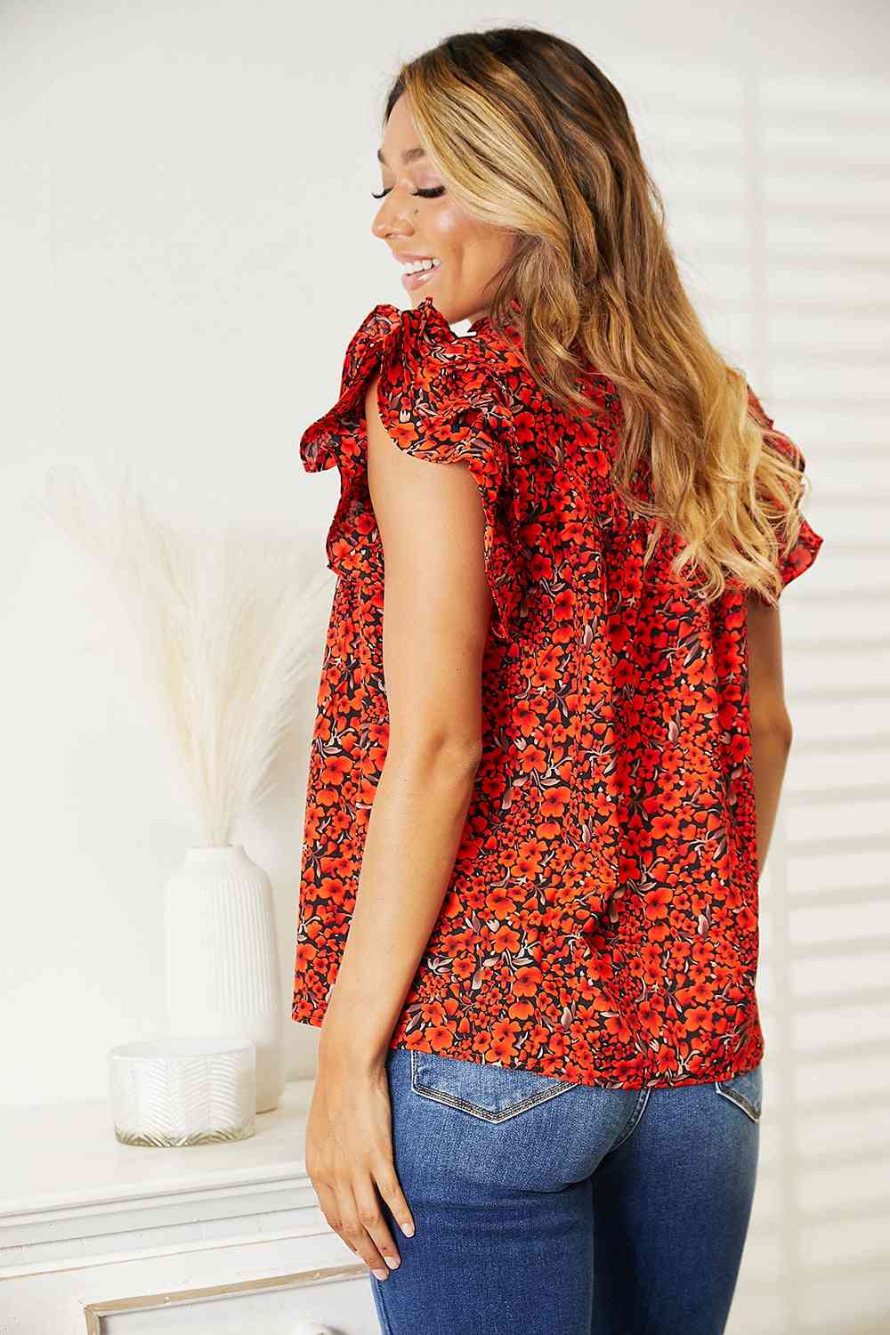 Double Take Floral Flutter Sleeve Notched Neck Blouse - AllIn Computer