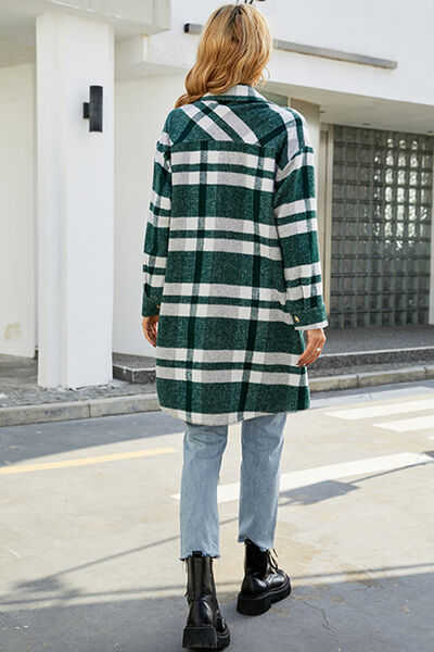 Plaid Button Up Collared Neck Coat with Pockets - AllIn Computer