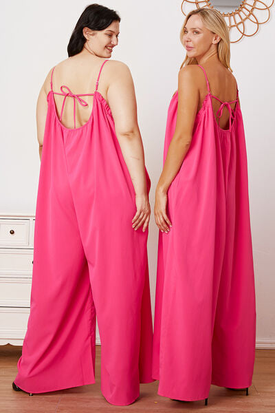 Full Size Ruffle Trim Tie Back Cami Jumpsuit with Pockets - AllIn Computer