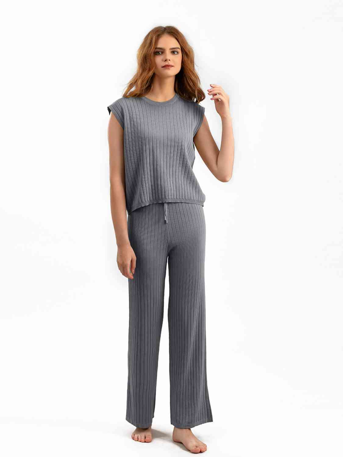 Ribbed Sweater Vest and Drawstring Knit Pants Set - AllIn Computer