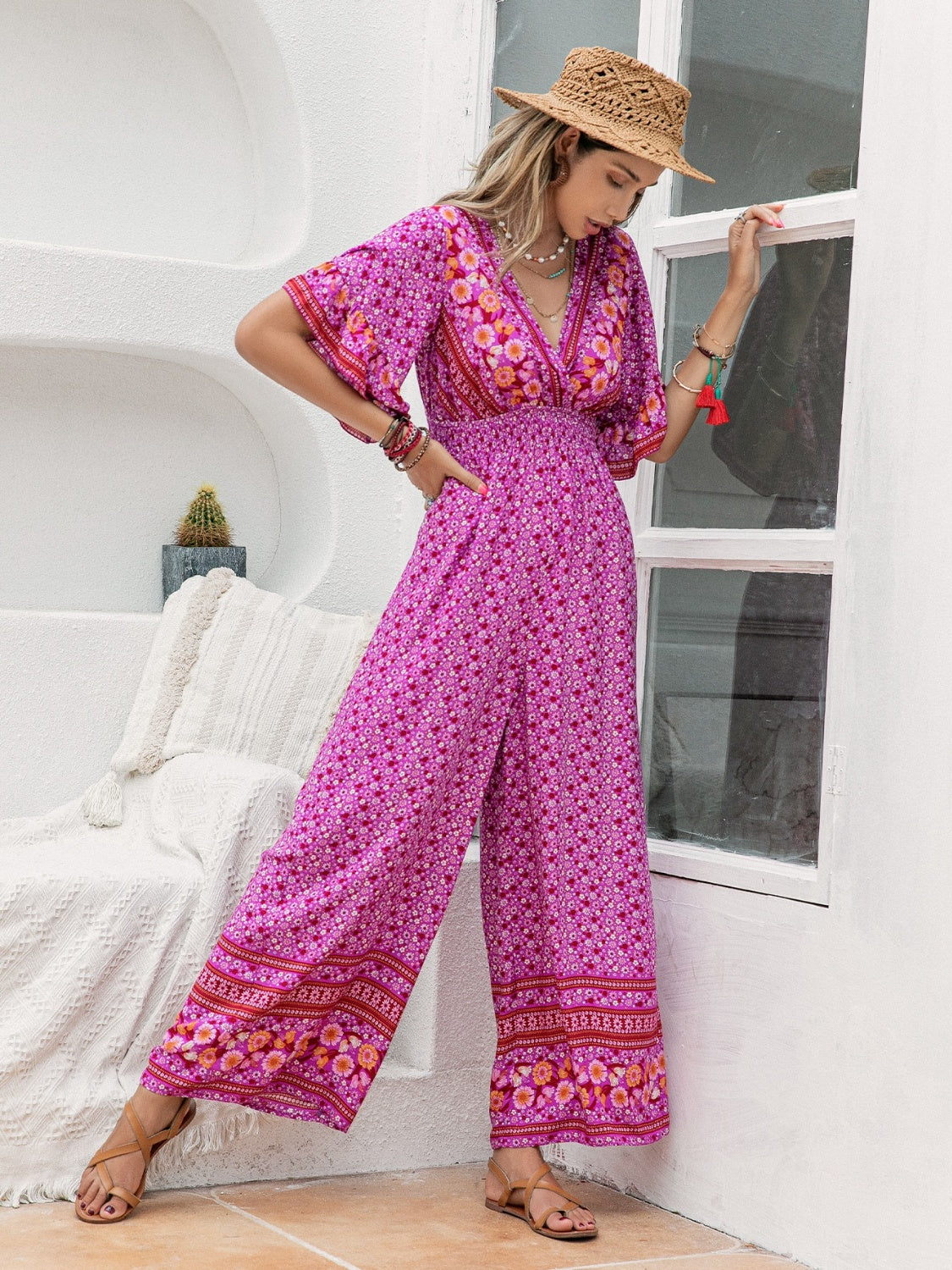 Floral Surplice Flutter Sleeve Jumpsuit - AllIn Computer