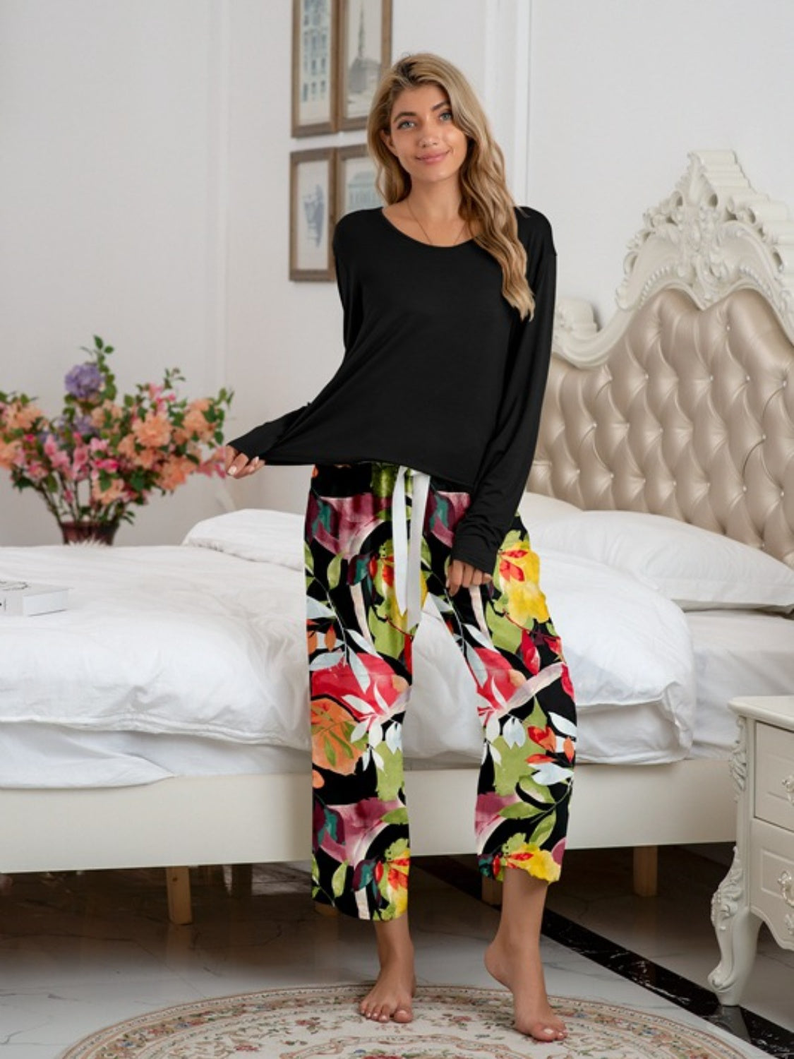 Round Neck Top and Printed Pants Lounge Set - AllIn Computer