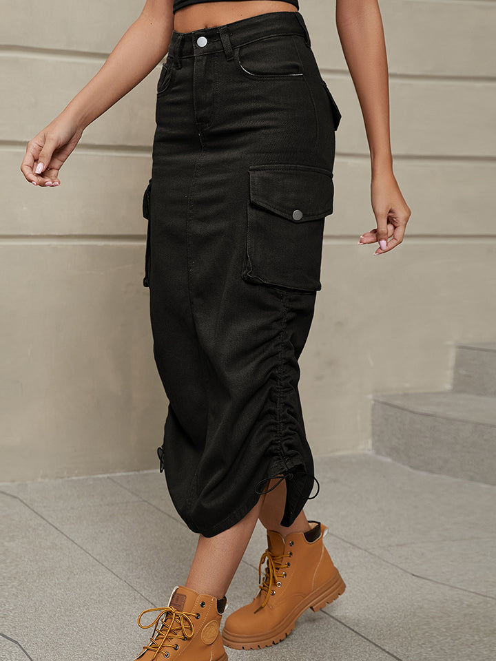 Drawstring Denim Skirt with Pockets - AllIn Computer