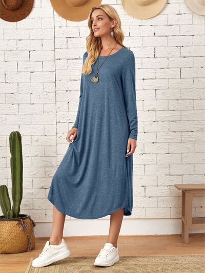 Pocketed Round Neck Long Sleeve Tee Dress - AllIn Computer