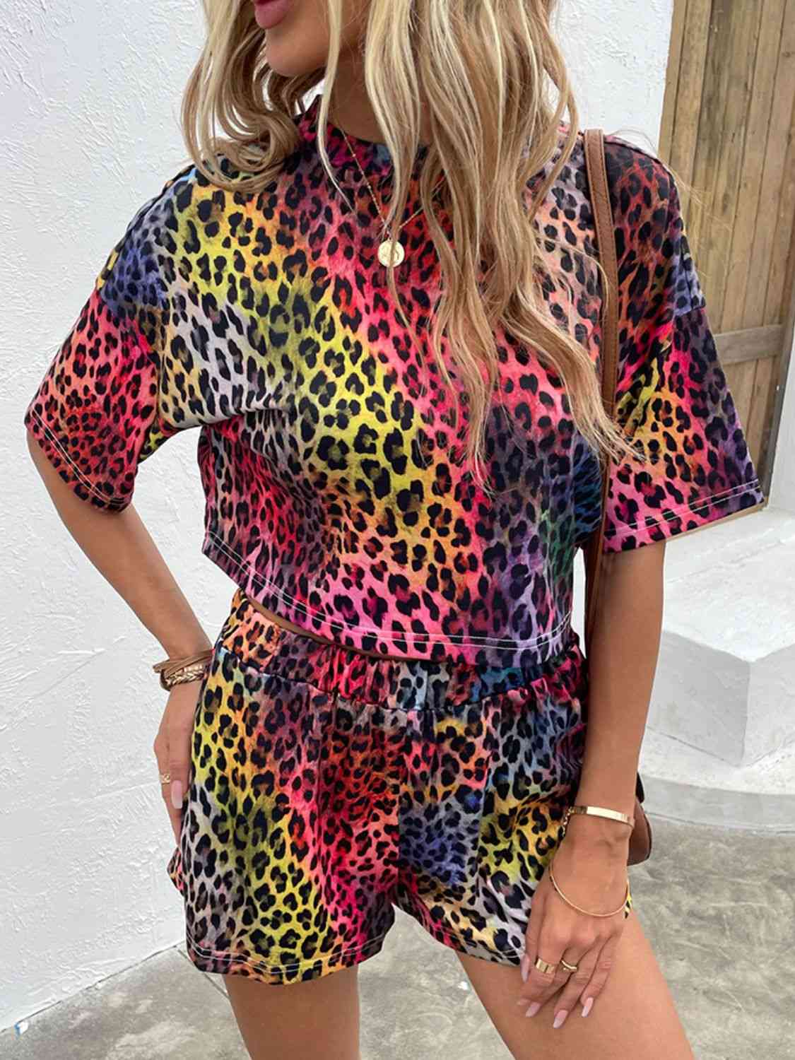Leopard Round Neck Dropped Shoulder Half Sleeve Top and Shorts Set - AllIn Computer