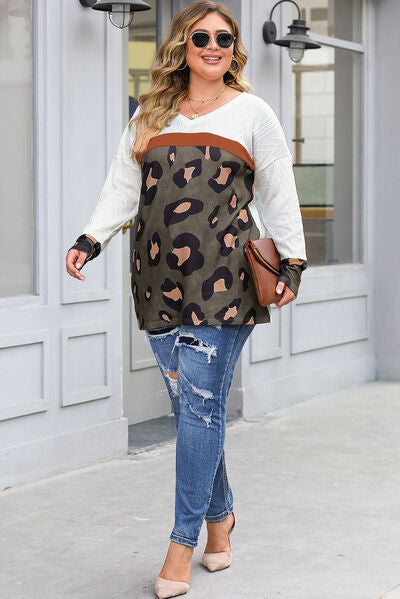 Plus Size Leopard V-Neck Dropped Shoulder T-Shirt - AllIn Computer