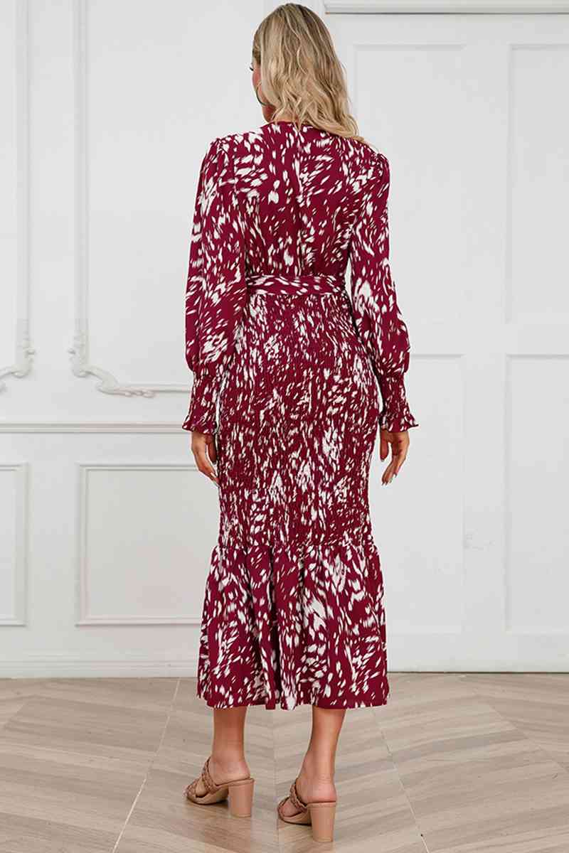 Printed V-Neck Smocked Midi Dress - AllIn Computer