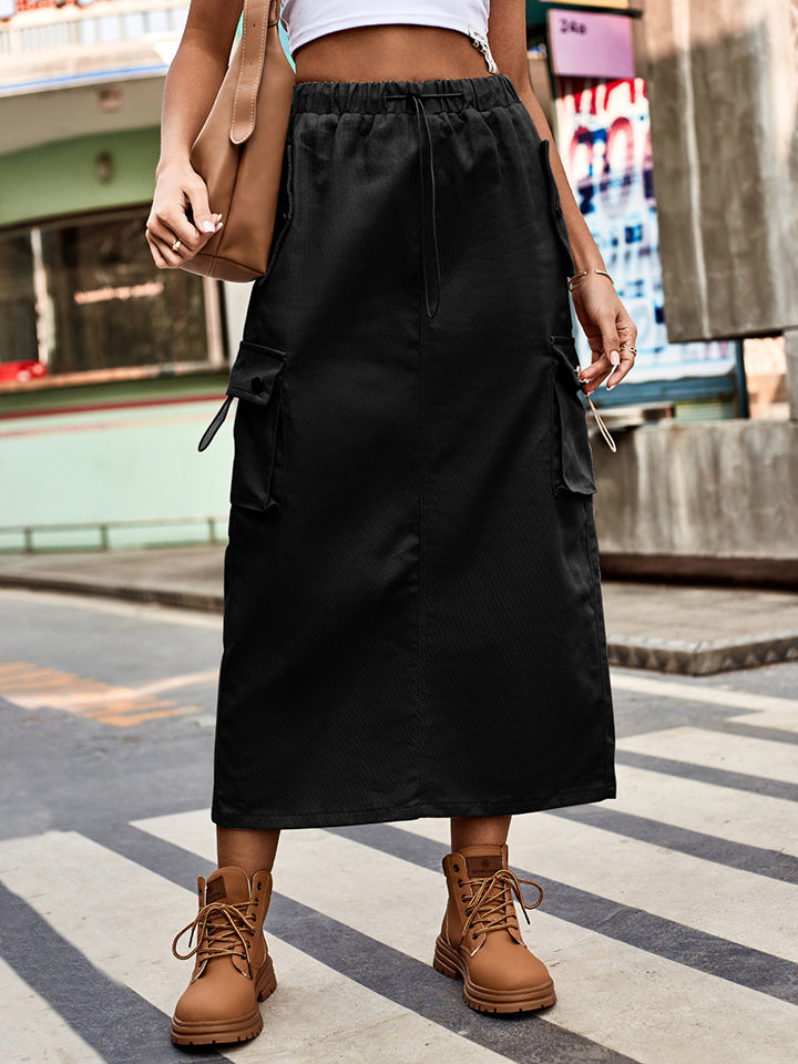 Drawstring Waist Slit Denim Skirt - AllIn Computer