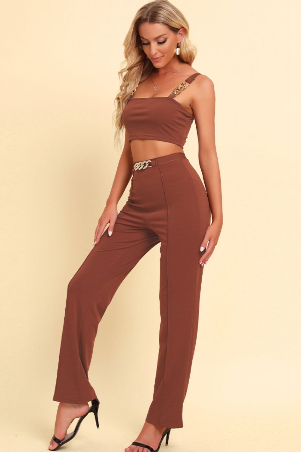 Chain Detail Cropped Cami and Straight Leg Pants Set - AllIn Computer