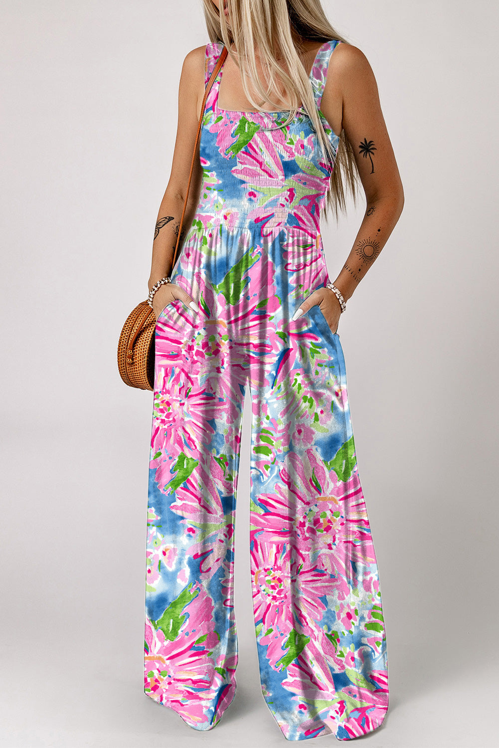 Floral Smocked Square Neck Jumpsuit with Pockets - AllIn Computer