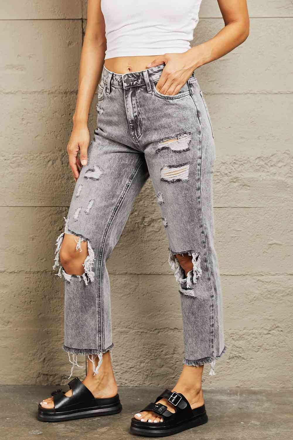 BAYEAS Acid Wash Distressed Straight Jeans - AllIn Computer