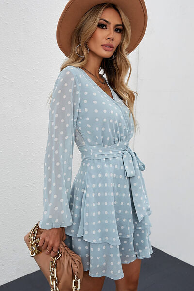 Tied Layered Polka Dot Balloon Sleeve Dress - AllIn Computer