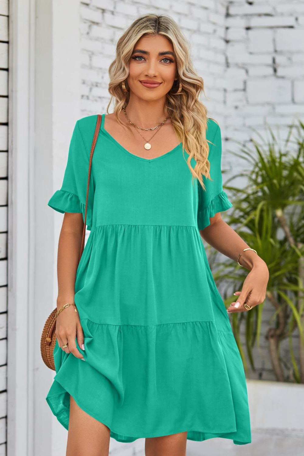 V-Neck Flounce Sleeve Tiered Dress - AllIn Computer