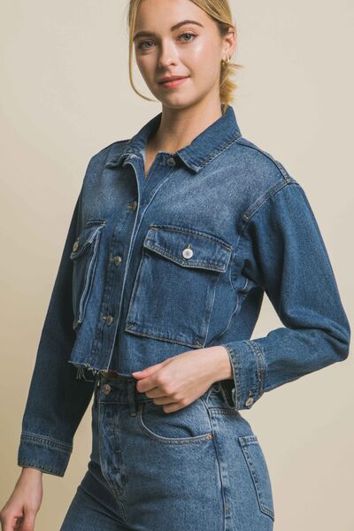 LOVE TREE Raw Hem Button Up Cropped Denim Jacket - AllIn Computer