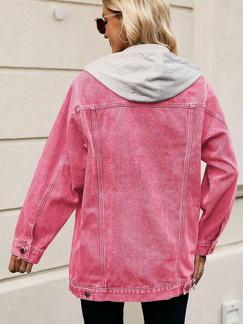 Drawstring Button Up Hooded Denim Jacket - AllIn Computer