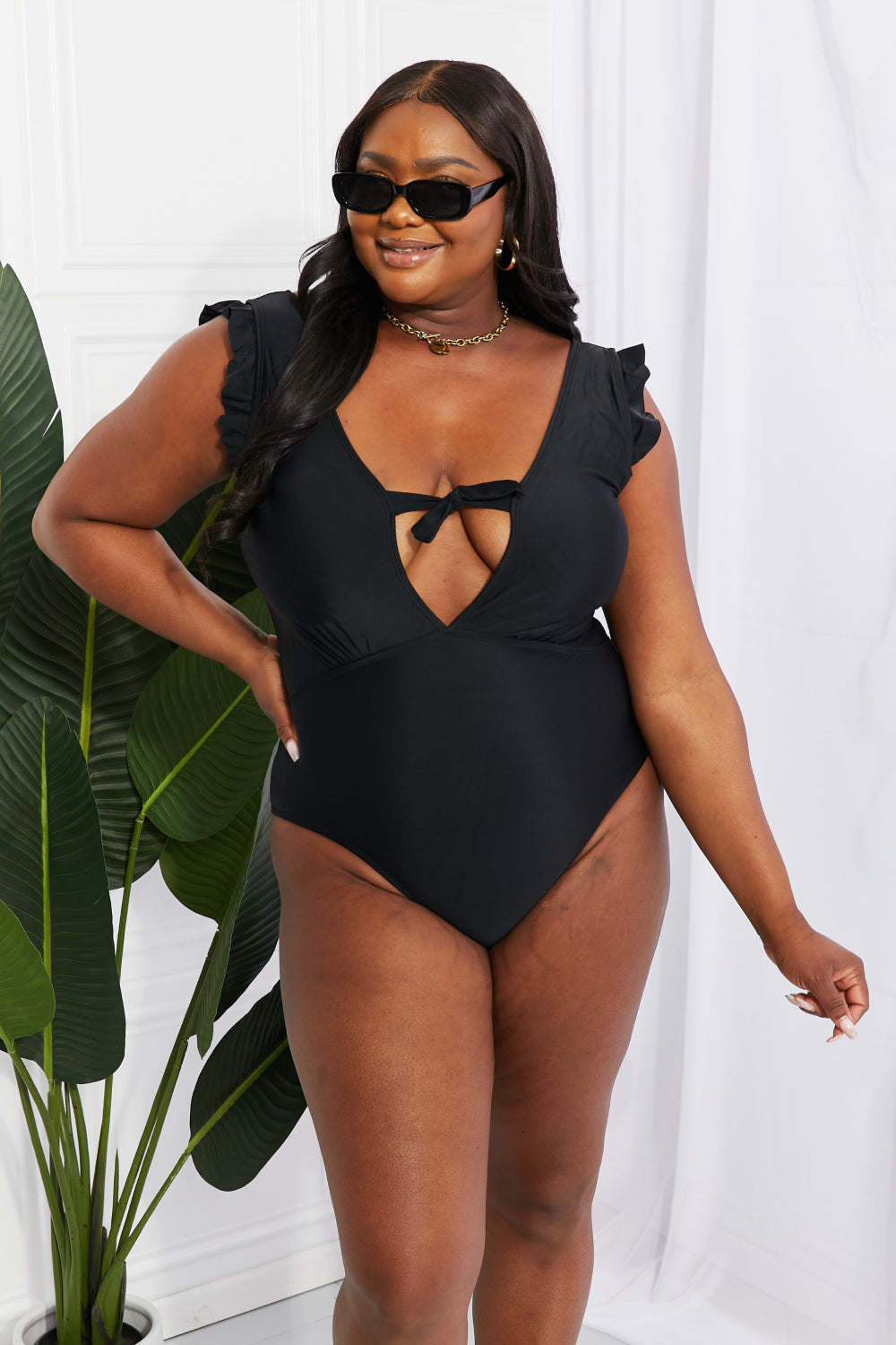 Marina West Swim Seashell Ruffle Sleeve One-Piece in Black - AllIn Computer