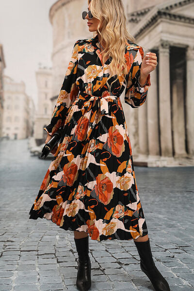 Printed Half Button Tie-Waist Pleated Dress - AllIn Computer