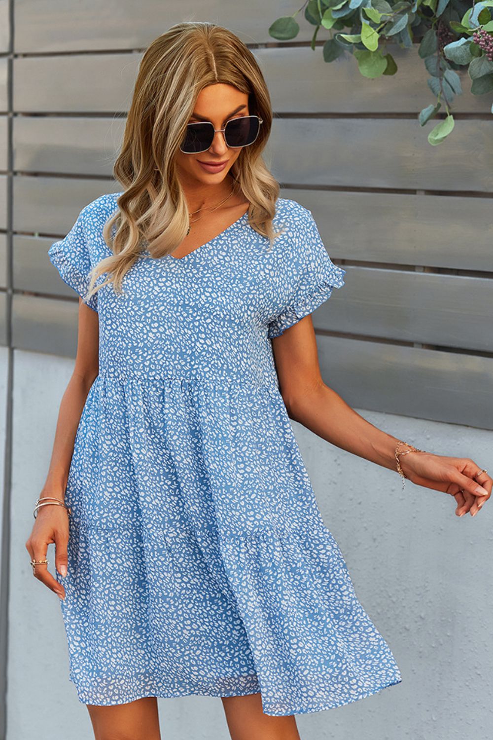 Printed V-Neck Short Sleeve Tiered Dress - AllIn Computer