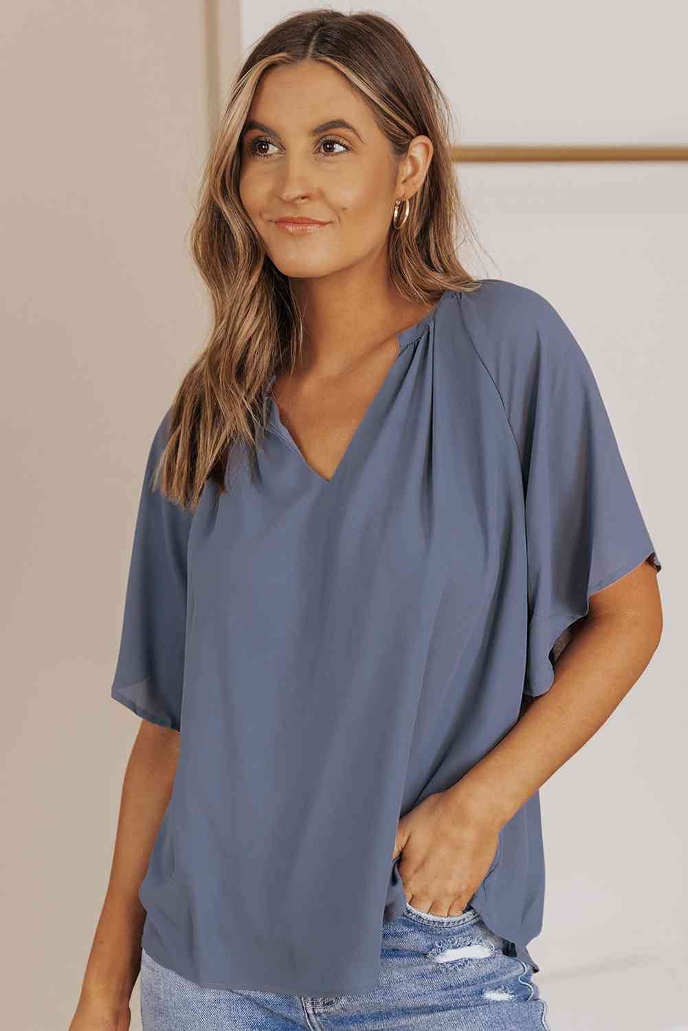 Gathered Detail Notched Neck Flutter Sleeve Top - AllIn Computer