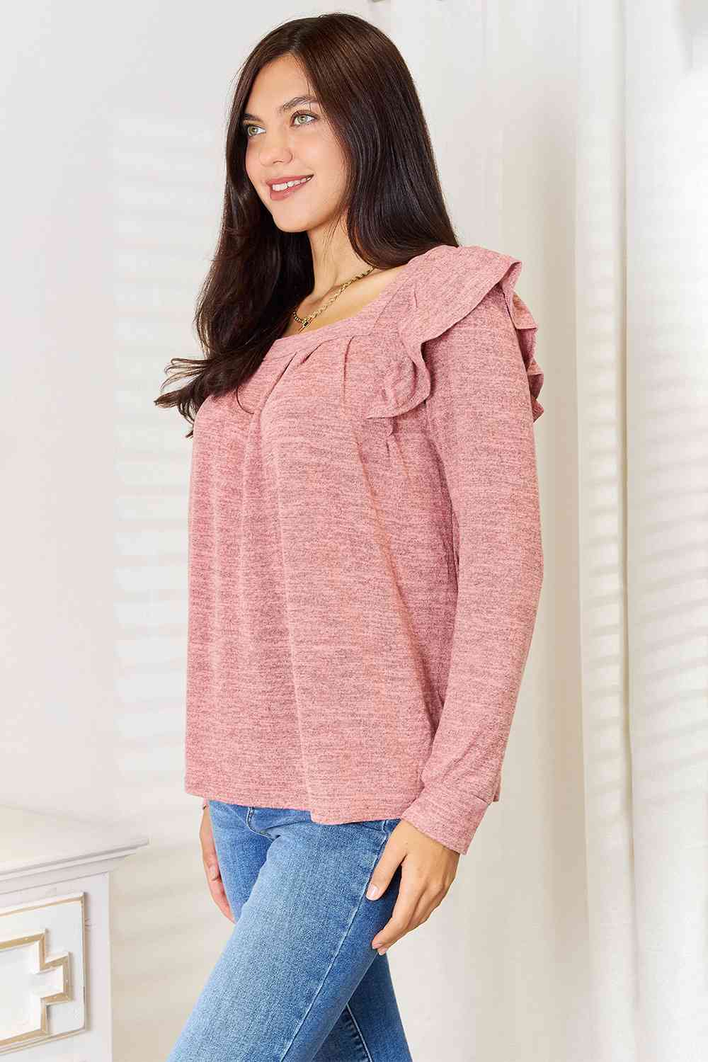 Double Take Square Neck Ruffle Shoulder Long Sleeve T-Shirt - AllIn Computer