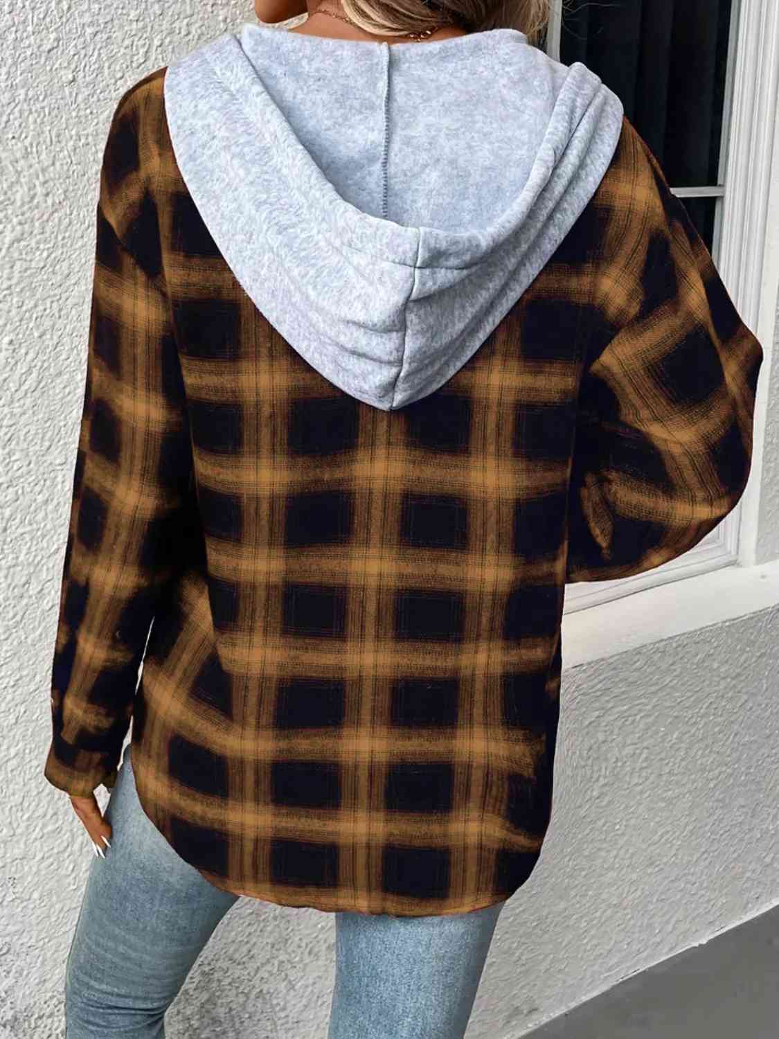 Plaid Drawstring Button Up Hooded Jacket - AllIn Computer