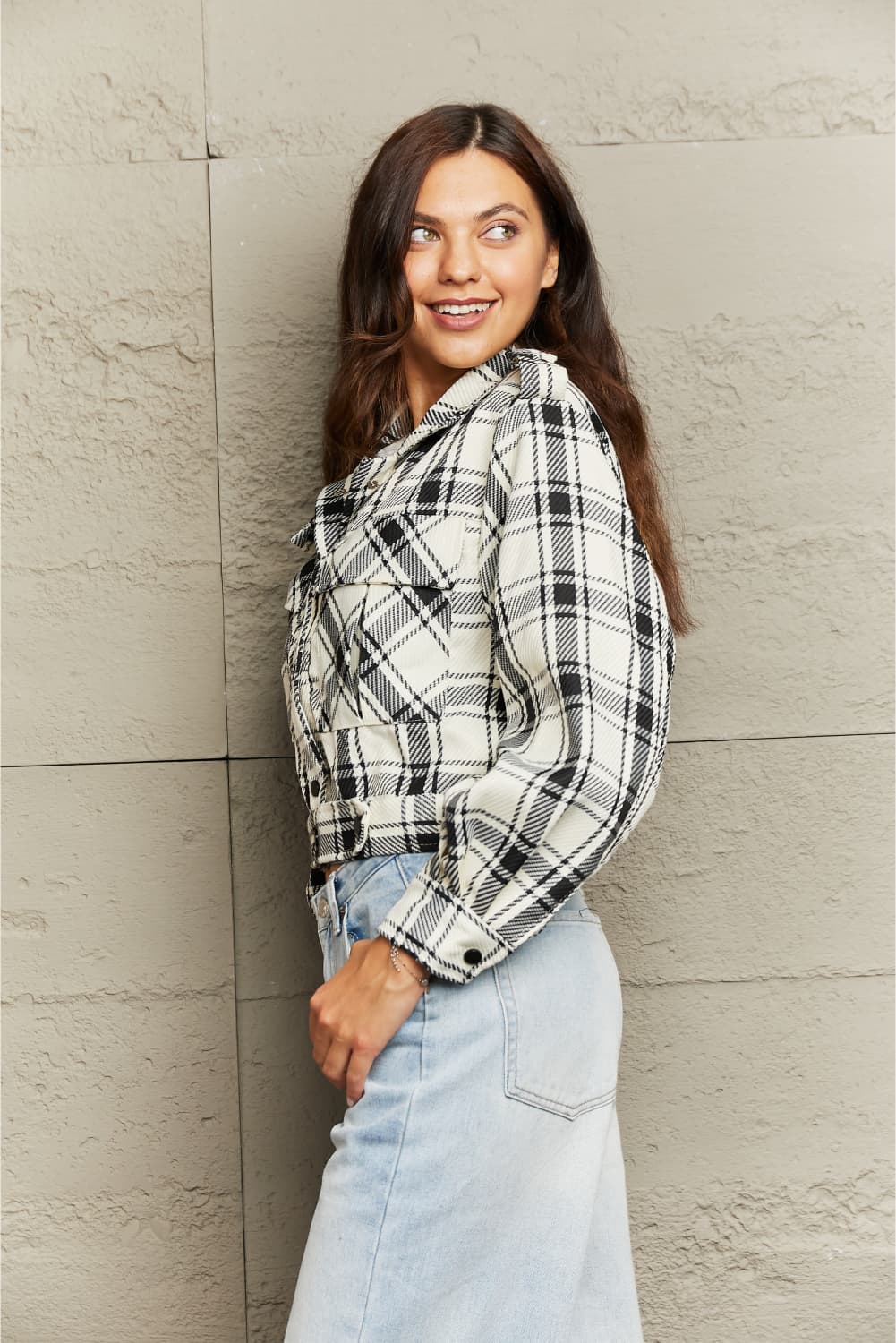 Plaid Collared Neck Long Sleeve Jacket - AllIn Computer