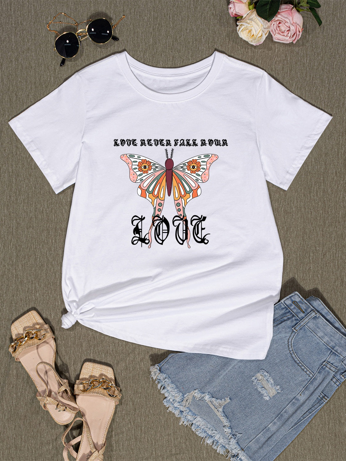 Butterfly Round Neck Short Sleeve T-Shirt - AllIn Computer