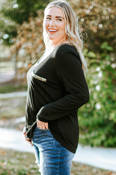 Plus Size Sequin V-Neck Long Sleeve T-Shirt - AllIn Computer