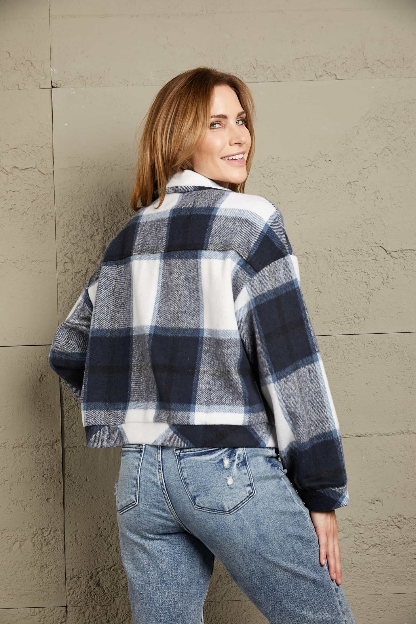 Double Take Plaid Button Front Dropped Shoulder Collared Jacket - AllIn Computer