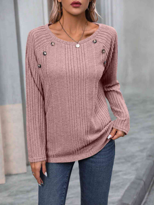 Ribbed Buttoned Round Neck Long Sleeve T-Shirt - AllIn Computer
