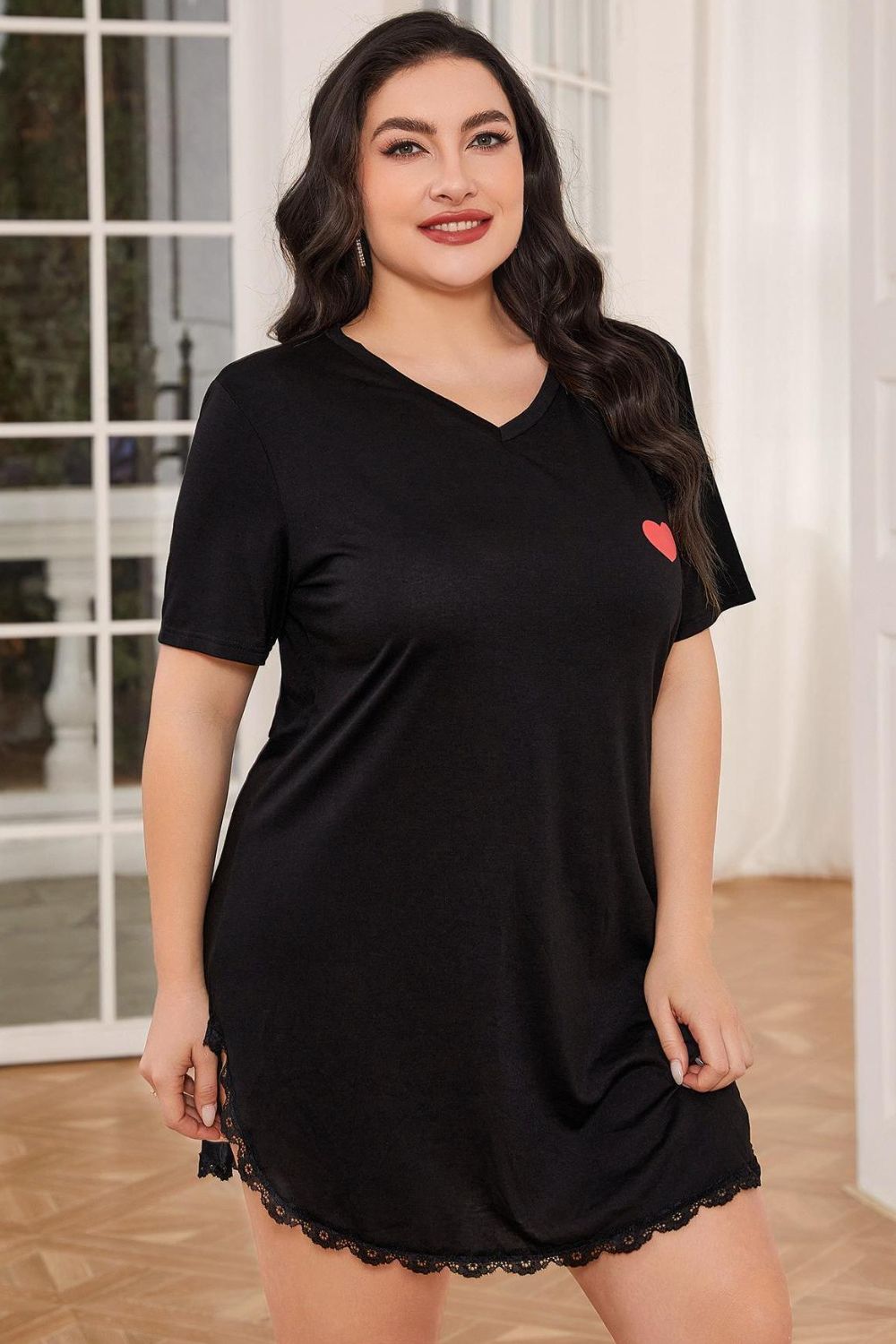 Plus Size Lace Trim V-Neck Short Sleeve Night Dress - AllIn Computer